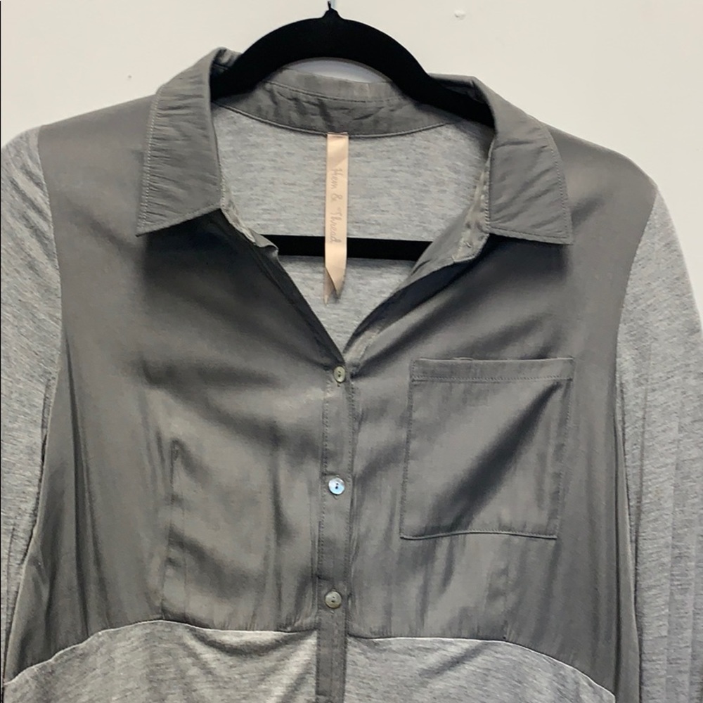 Hem & Thread Two Tone Button Down Grey Blouse - image 2